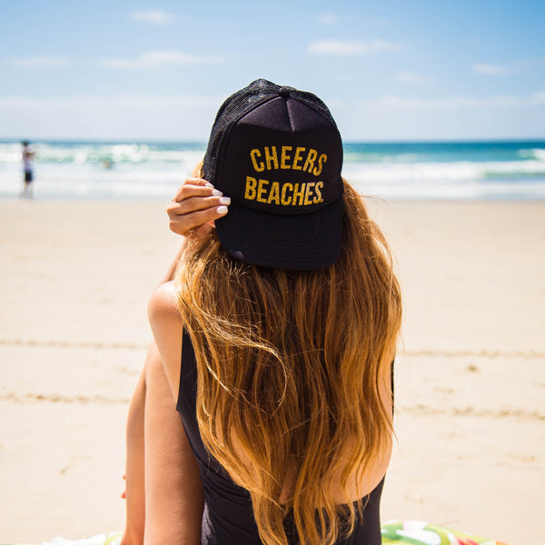 Cheers Beaches Trucker Hat: Red, White & Blue: Red Glitter