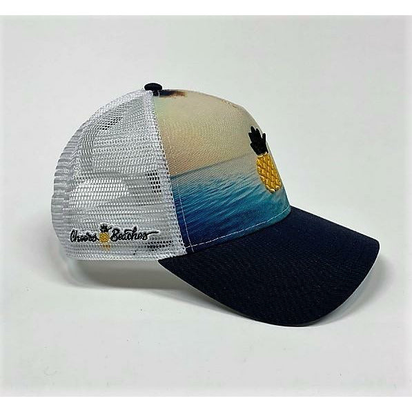 Cheers Beaches Accessories Universal / Cream Cheers Beaches Embroidered Pineapple Beach Trucker Hat: Carolina Blue