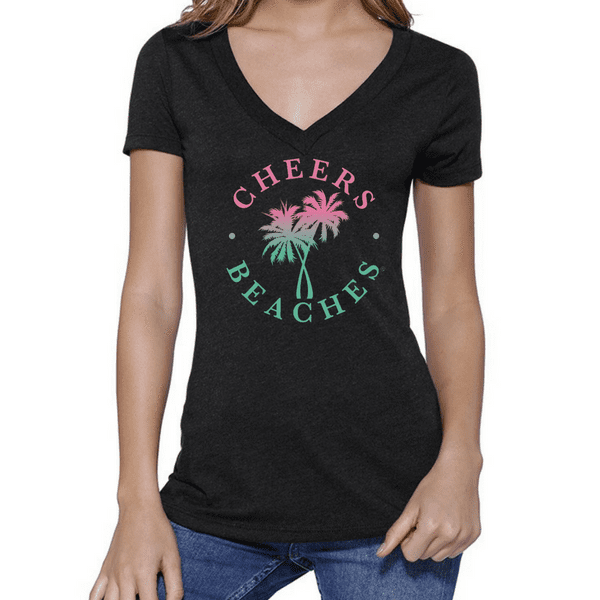 Cheers Beaches Women Cheers Beaches Distressed Palm Black V Neck