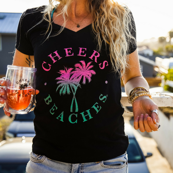 Cheers Beaches Women Cheers Beaches Distressed Palm Black V Neck